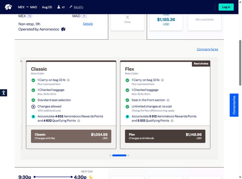Сравнение тарифов Main Cabin: Classic $1034.56 и Flex $1148.96 — на рейсе в Мадрид сдаваемый багаж 25 кг входит в оба
